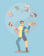 Life balance juggling. Man in separate clothing juggling life tasks with yin yang background.