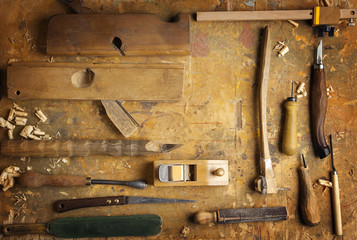 Hand tools Wood on an old wooden workbench