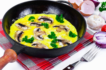 Healthy and Diet Food: Scrambled Eggs with Mushrooms and Vegetab