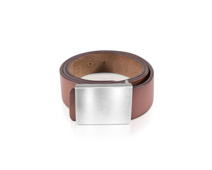 Mens brown belt with blank badge mockup isolated. Clear waistband mock up with grey band. White metallic ensign template on jeans belt. Leather clothing belt design branding. Pants belt empty shield.