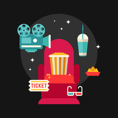 Movie Concept Flat Style Vector Illustration. Chair in Movie Theater. Popcorn, 3D Glasses, Ticket, Projector