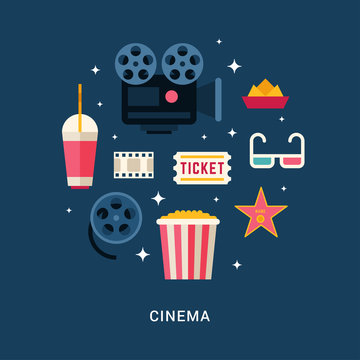 Cinema Concept Illustration. Set of Flat Style Vector Icons