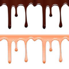 Set of horizontal seamless drip glaze. Chocolate and pink smudges isolated on white background.