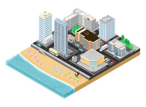 Isometric vector illustration city break vacation.
Large city beside the ocean.