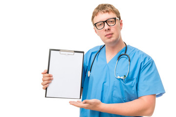 successful doctor demonstrates blank for of advertising