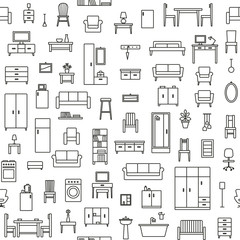 Vector seamless pattern background with home furniture outline icons 3