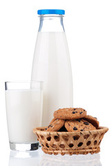 Glass of milk and chocolate chip cookies, isolated on white background 