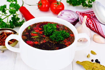 Healthy Food: Soup with Beets, Green Beans and Vegetables