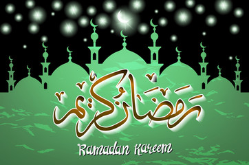 Poster, banner or flyer design with silhouette of mosque on shiny green background for holy month of muslim community Ramadan Kareem.