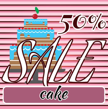 Card with a cream cake with cherry on top over a background in lines and sale text. Digital vector image.