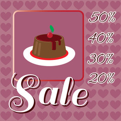 Card with a cream cake with red cherry on top over a background with hearts, in pink outline style with sale text. Digital vector image.