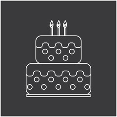 Candy card with a big chocolate cream cake with candles on top and dots, over silver background in outline style. Digital vector image.
