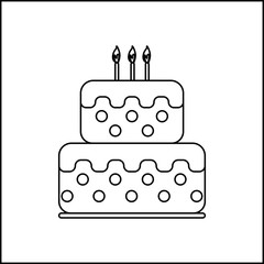 Card with a cream cake and burning candles on top over a white background, in black and white outline style. Digital vector image.