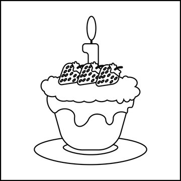 Candy card with a big chocolate cream cake with strawberries with seeds, a burning candle on top, over white background in outline style. Digital vector image.
