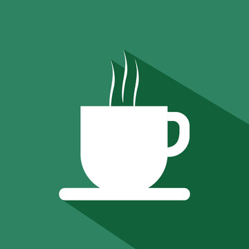 A white cup of coffee with steam and shadow, in outlines, over a green background. Digital vector image.