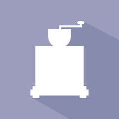 Card with a coffee mill over a purple background with shadow, in outline style. Digital vector image.