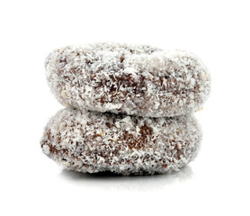 Coconut chocolate donut isolated on white