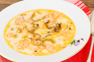 Creamy Fish Soup with Salmon and Seaweed Diet Food.