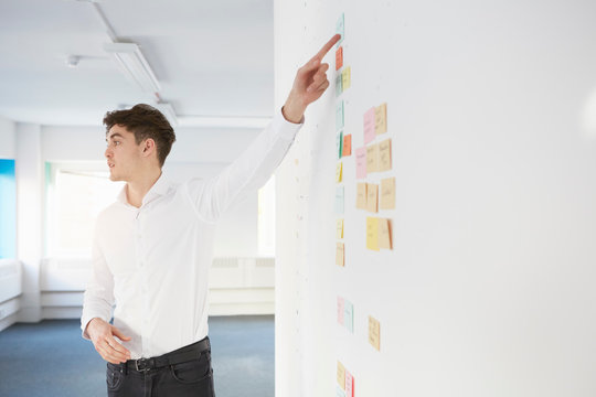 Man giving presentation pointing at adhesive notes on wall
