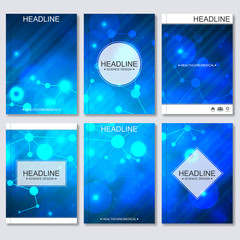 Science vector background. Modern vector templates for brochure, flyer, cover magazine or report in A4 size. Molecule structure and communication on the blue background.