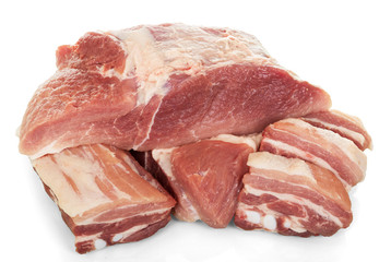 Pieces raw pork, brisket and flesh is isolated on white.