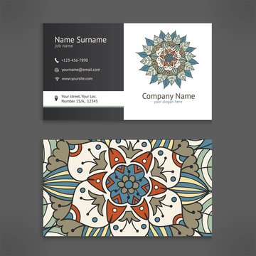 Business And Visiting Card Template Set With Vintage Floral Mandala Logo