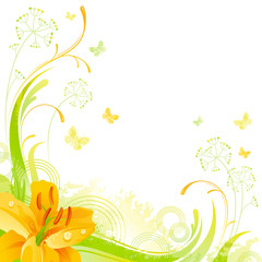 Fototapeta na wymiar Floral summer background with yellow lily flower, leafs, grass and grunge elements, copy space for your text
