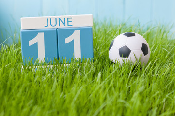 June 11th. Image of june 11 wooden color calendar on green grass background with football outfit....
