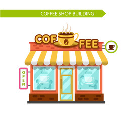 Coffee shop building facade. Signboard with big hot cup of coffee. People eating and drinking at the tables inside the building. Flat style vector illustration. Isolated on white background.