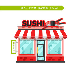 Vector illustration of sushi bar or chinese restaurant building facade. Signboard with big sushi roll, chopsticks. Flat style vector illustration. Isolated on white background.