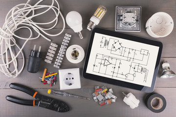 digital tablet with circuit scheme and electrical equipment