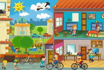 Cartoon city scene - cut through image of a house and playground - illustration for children