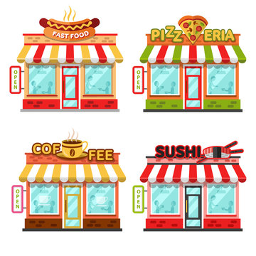 Set of different nice fast food shops with beautiful signboards: coffee shop or cafe, sushi bar or chinese, pizzeria, fast food. Flat vector illustration stock set. Infographic elements.