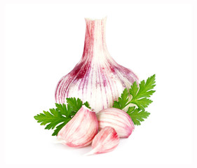 young garlic with leaves of parsley isolated on white
