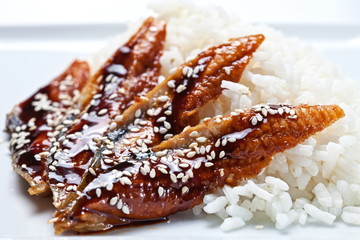  Smoked eel sashimi with rice on white background