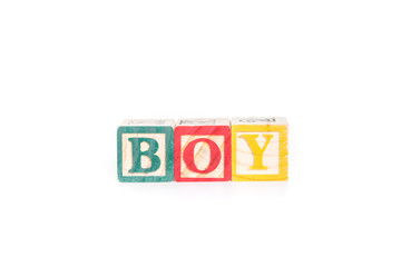 BOY with colorful alphabet blocks on white background