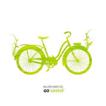 Vector Illustration environmentally design. green watercolor painted bike. Think Green. Eco Concept.

