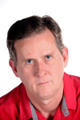 Obraz premium Caucasian middle aged man in red shirt white background