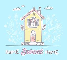 Vector illustration of cute two storey cottage with flowers and