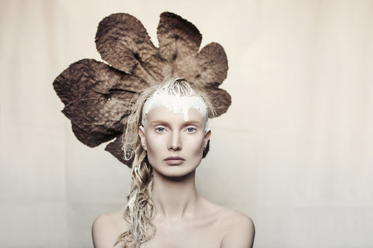 Woman with leaf headdress, portrait
