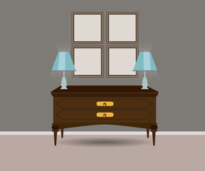 chest of drawers with two lamps with gray wall on the background