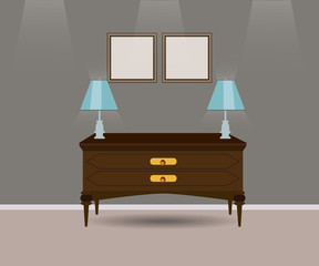 chest of drawers with two lamps with gray wall on the background