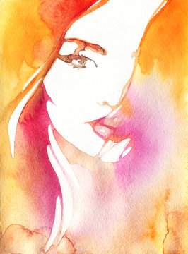 Beautiful woman face. Abstract fashion watercolor illustration
