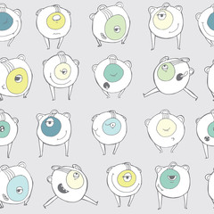 Vector cute illustration with lovely emotional monsters in seamless pattern. Grey background, pastel colors, various poses and emotions on face. Vector cute illustration, stylish, simple, hand drawn.