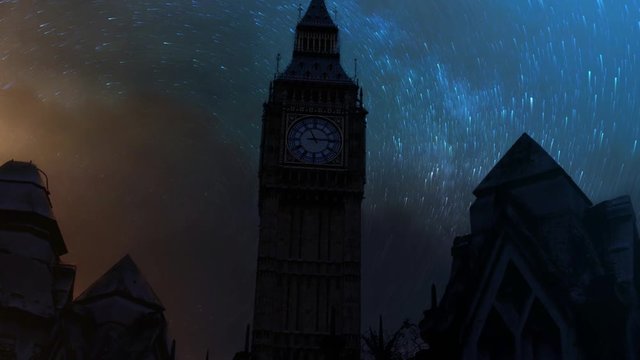 Animation of Big Ben against the night sky and star trails.