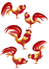 Red Roosters. Set of five options. Symbol of 2017 by the Chinese calendar