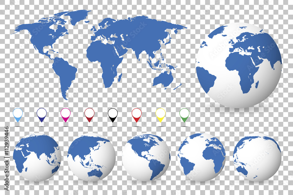 Poster set of globes with different continents and a map earth, isolated background