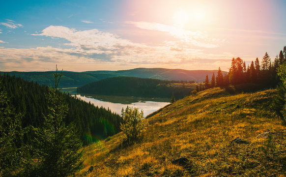 Elevated view of lake on rolling landscape
