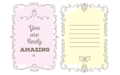Vector template of greeting card with lace frame, wish inscripti