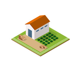 Rural farm in isometric view with trees and garden